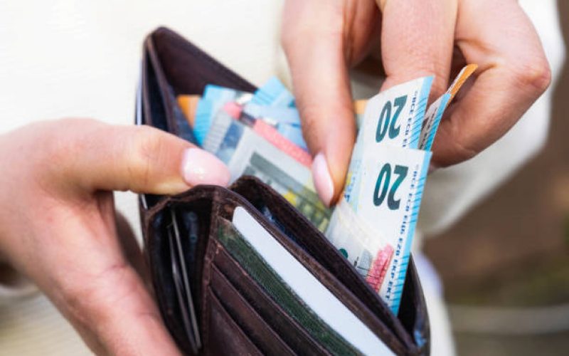 Macro image as a woman takes Euro banknotes from a leather wallet.