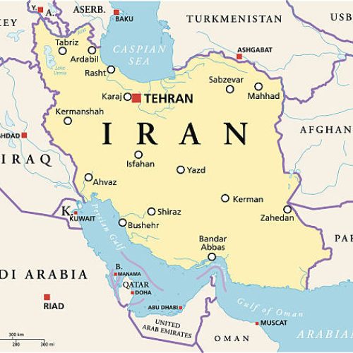 Iran Political Map with capital Tehran, national borders, most important cities, rivers and lakes. English labeling and scaling. Illustration.