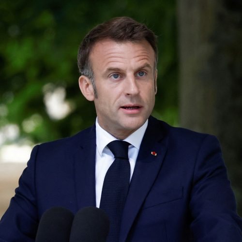 French President Emmanuel Macron speaks during a ceremony to commemorate the return of republican sovereignty, as part of the 80th anniversary of the 1944 D-Day landings, Normandy region, on Place Charles de Gaulle in Bayeux, France, June 7, 2024. REUTERS/Benoit Tessier/Pool