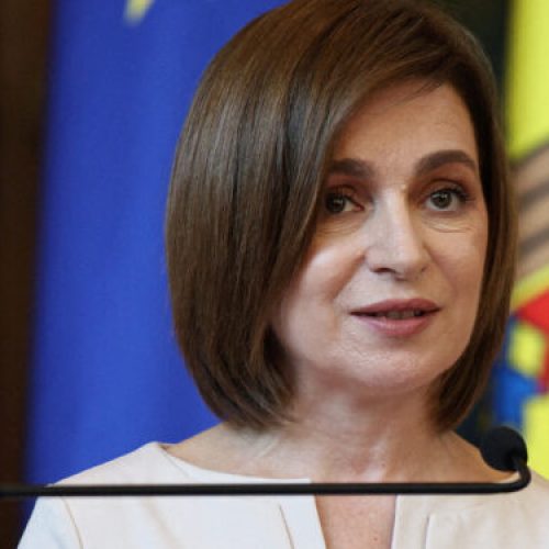 FILE PHOTO: Moldovan President Maia Sandu speaks during a press conference with European Council President Antonio Costa and European Commission President Ursula von der Leyen at the first Moldova-EU summit in Chisinau, Moldova July 4, 2025. REUTERS/Vladislav Culiomza/File Photo