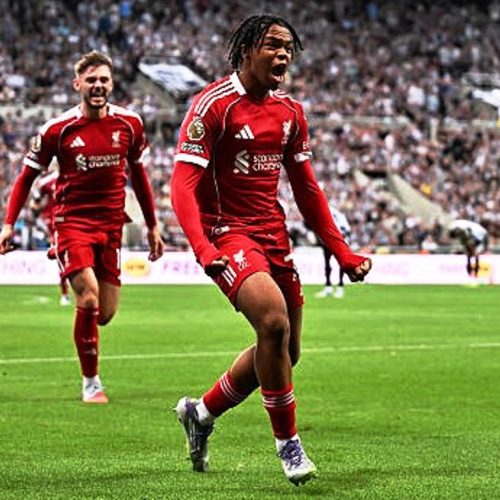 NEWCASTLE UPON TYNE, ENGLAND - AUGUST 25: (THE SUN OUT, THE SUN ON SUNDAY OUT) Rio Ngumoha of Liverpool celebrates scoring his team's third goal during the Premier League match between Newcastle United and Liverpool at St James' Park on August 25, 2025 in Newcastle upon Tyne, England. (Photo by Liverpool FC/Liverpool FC via Getty Images)