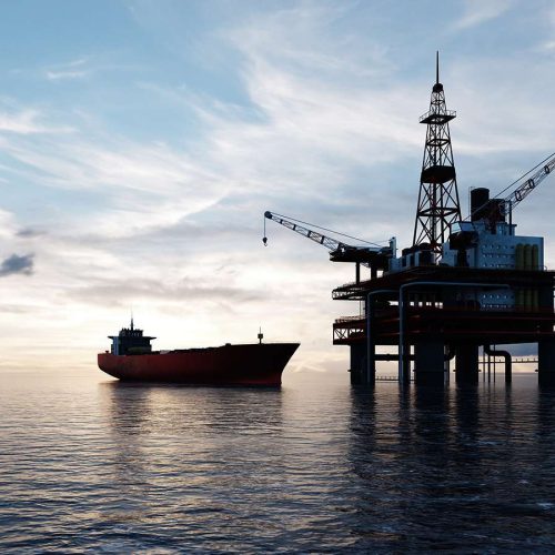 Oil platform on the ocean. Offshore drilling for gas and petroleum or crude oil. Industrial