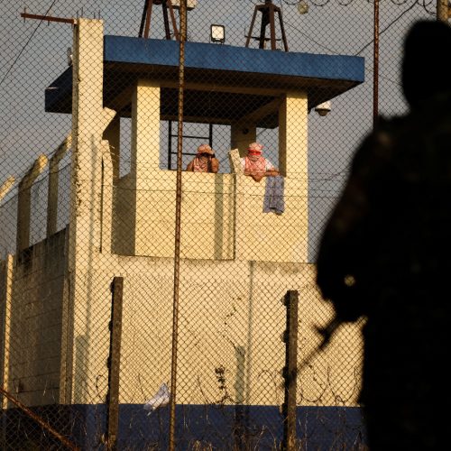 Inmates gather at a security tower at the Renovacion 1 prison, as inmates at three Guatemalan prisons rioted on Saturday and took mostly prison guards hostage, authorities said, in Escuintla, Guatemala, January 17, 2026. REUTERS/Josue Decavele