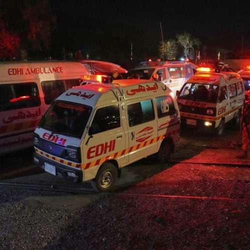 Ambulances carrying wounded survivors rescued by security forces from a passenger train attacked by insurgents leave a railway station in Much, Pakistan's southwestern Balochistan province, Wednesday, March 12, 2025. (AP Photo/Anjum Naveed)