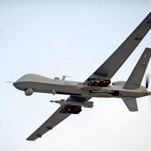 A RAF Reaper UAV (Unmanned Aerial Vehicle) is pictured airborne over Afghanistan during Operation Herrick.It is armed with a full complement of two GBU-12 226kg (500lb) laser-guided bombs and four Lockheed Martin AGM-114P Hellfire air-to-surface missiles.The MQ-9 Reaper is a medium-to-high altitude, long endurance remotely piloted aircraft system. The MQ-9's primary mission is to act as an intelligence, surveillance and reconnaissance (ISR) asset, employing sensors to provide real-time data to commanders and intelligence specialists at all levels.