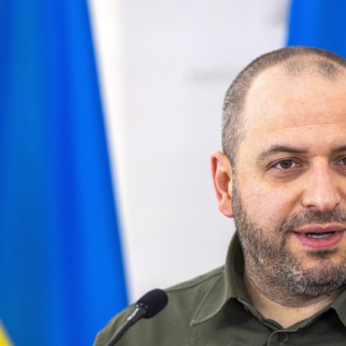Ukraine's Defense Minister Rustem Umerov, left, speaks during a media conference with Lithuania's Defense Minister Laurynas Kasciunas, at the Defense Ministry in Vilnius Lithuania, Saturday, Nov. 23, 2024. (AP Photo/Mindaugas Kulbis)