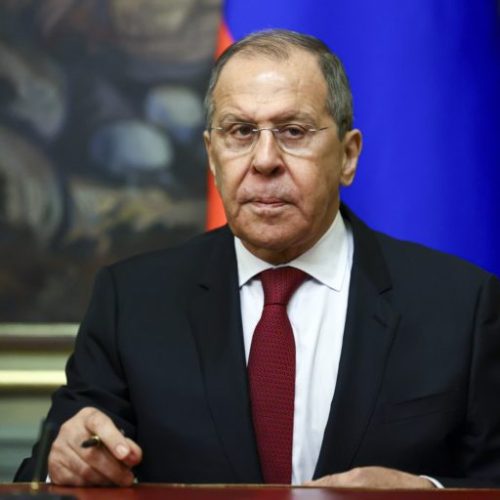In this  photo released by the Russian Foreign Ministry Press Service, Russian Foreign Minister Sergey Lavrov attends a signing ceremony with his Turkmenistan's counterpart Rasit Meredow following their talks in Moscow, Russia, Thursday, April 1, 2021. Lavrov said Thursday that the Russian-U.S. relations have "hit the bottom," adding there is no plan yet to send the Russian ambassador back to Washington. (Russian Foreign Ministry Press Service via AP)