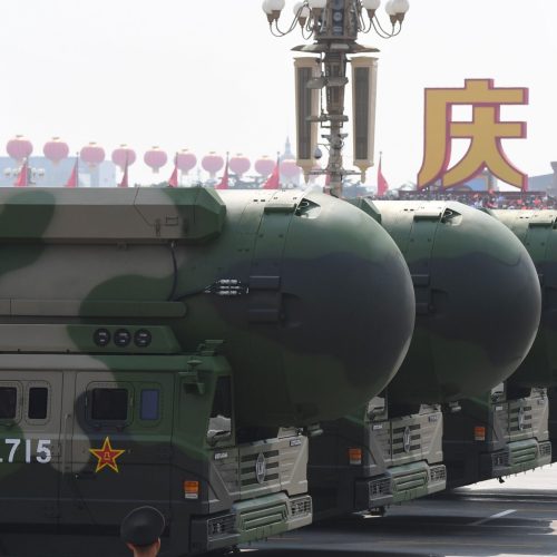 China's DF-41 nuclear-capable intercontinental ballistic missiles are seen during a military parade at Tiananmen Square in Beijing on October 1, 2019, to mark the 70th anniversary of the founding of the People's Republic of China. (Photo by GREG BAKER / AFP) (Photo by GREG BAKER/AFP via Getty Images)