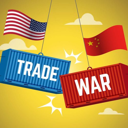 An illustration of USA and China trade war concept, port crane lift two cargo containers with flag