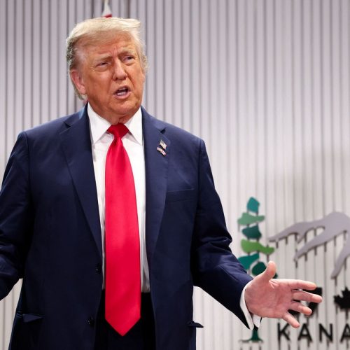 U.S. President Donald Trump speaks during a meeting with Canadian Prime Minister Mark Carney (not pictured) at the G7 summit in Kananaskis, Alberta, Canada,  June 16, 2025.  REUTERS/Kevin Lamarque