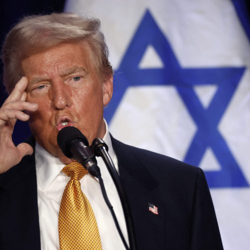 WASHINGTON, DC - SEPTEMBER 19: Republican presidential nominee, former U.S. President Donald Trump speaks before prominent Jewish donors at an event titled "Fighting Anti-Semitism in America" at the Hyatt Regency Capitol Hill on September 19, 2024 in Washington, DC. “This United States election is the most important election in Israeli history," Trump told the assembled. Calling himself the greatest president for Jews in history, Trump said that if he does not win in November, Israel will be “eradicated” within two years.   (Photo by Chip Somodevilla/Getty Images)