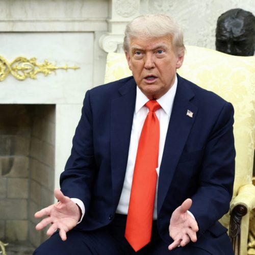 U.S. President Donald Trump speaks during a meeting with German Chancellor Friedrich Merz (not pictured) at the White House in Washington, D.C., U.S., June 5, 2025. REUTERS/Kevin Lamarque