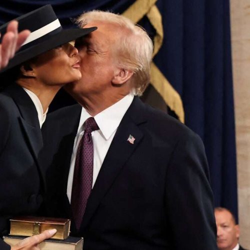 WASHINGTON, DC - JANUARY 20: U.S. President-elect Donald Trump greets Melania Trump as he arrives for inauguration ceremonies in the Rotunda of the U.S. Capitol on January 20, 2025 in Washington, DC. Donald Trump takes office for his second term as the 47th president of the United States.     Chip Somodevilla/Pool via REUTERS