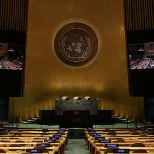 Empty hall of the United Nations General Assembly at the UN headquarters in New York during the Assembly's 76th regular session on February 2, 2022. The chamber has frequently been found empty during the COVID-19 pandemic period due to meeting restrictions imposed by the Host Government.