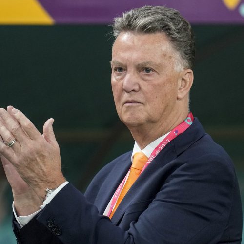FILE - Then head coach Louis van Gaal of the Netherlands applauds prior the start the World Cup group A soccer match between Netherlands and Ecuador in Doha, Qatar, Friday, Nov. 25, 2022. The German men's soccer team hasn't got an obvious successor to Hansi Flick after he was fired following a run of poor results. That could mean Germany’s youngest coach in nearly a century, or its oldest ever, or even its first foreign coach. Dutch coach Louis van Gaal and former Bayern Munich coach Julian Nagelsmann are among the favorites to take over.(AP Photo/Natacha Pisarenko, File)