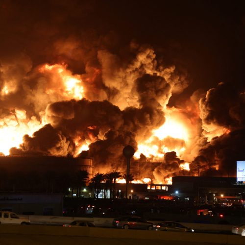 A view of a fire at Saudi Aramco's petroleum storage facility, after an attack, in Jeddah, Saudi Arabia March 25, 2022. REUTERS/Ahmed Yosri