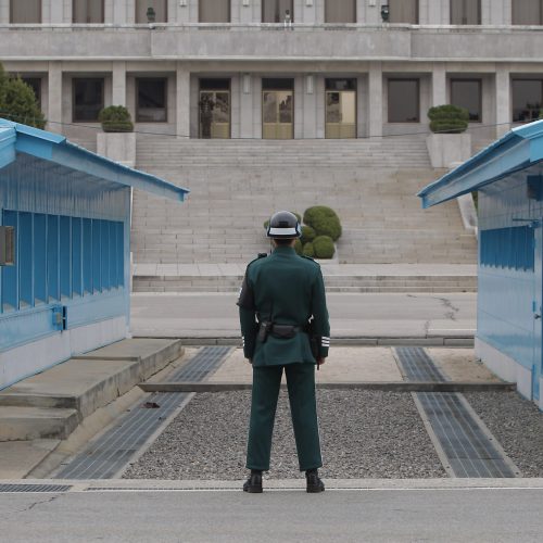 PANMUNJOM, SOUTH KOREA - APRIL 23:  South Korean soldiers stand guard at the border village of Panmunjom between South and North Korea at the Demilitarized Zone (DMZ) on April 23, 2013 in Panmunjom, South Korea. The tension at Korean Peninsula remains high as North Korea's ballistic missiles have been ready to launch ahead of North Korean Army foundation celebration day on April 25.  (Photo by Chung Sung-Jun/Getty Images)