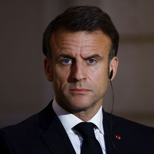 French President Emmanuel Macron looks on during a joint statement with Serbian President Aleksandar Vucic, before a working dinner at the Elysee Palace in Paris, Monday, April 8, 2024. (Sarah Meyssonnier/Pool via AP)