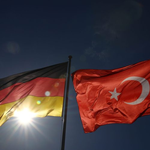 FILE PHOTO: Turkish and German flags flutter before the visit of Turkish President Tayyip Erdogan, at the airport in Berlin, Germany, September 27, 2018. REUTERS/Hannibal Hanschke