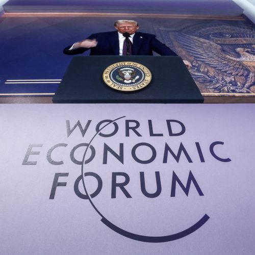 FILE PHOTO: U.S. President Donald Trump makes a special address remotely during the 55th annual World Economic Forum (WEF) meeting in Davos, Switzerland, January 23, 2025. REUTERS/Yves Herman/File Photo